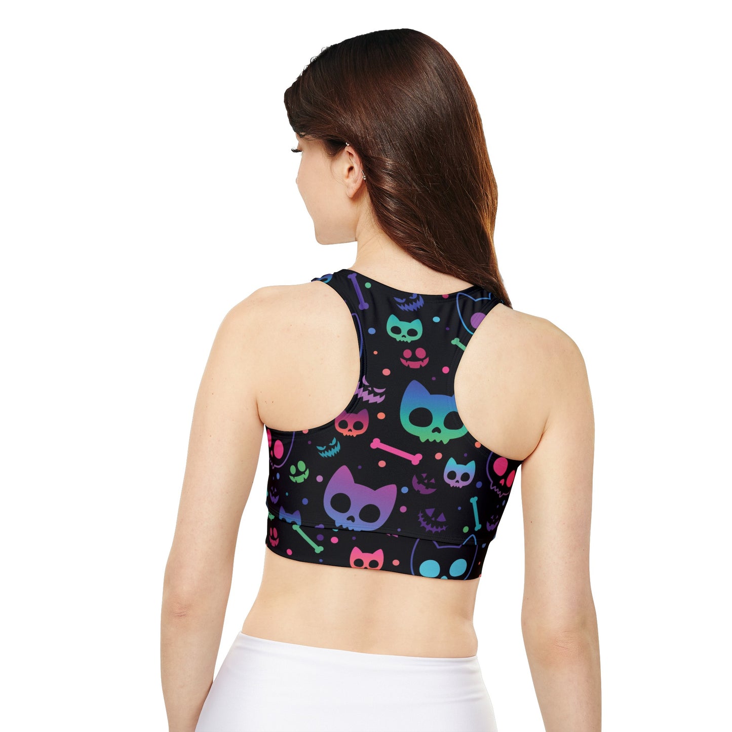 Kitty Skulls Fully Lined, Padded Sports Bra, Black and White Sports Bra, Lined Athletic Top, Fitness Apparel