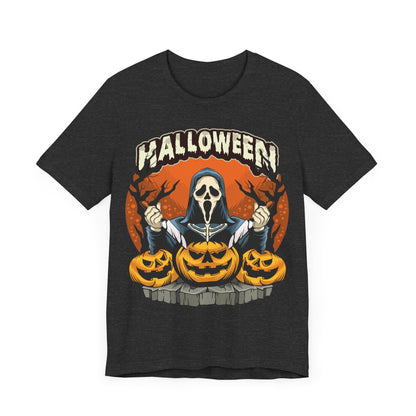 Halloween Ghost Face Jersey unisex tee, Halloween Graphic Tee, Spooky Shirt, Trick or Treat Tee, Halloween Costume, Festive Gift