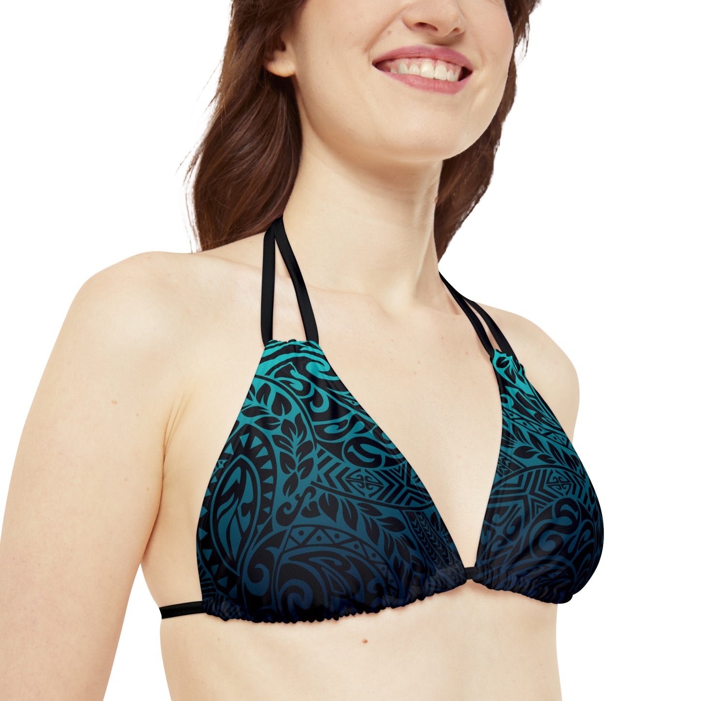 Teal Navy Polynesian Tribal Strappy Triangle Bikini Top