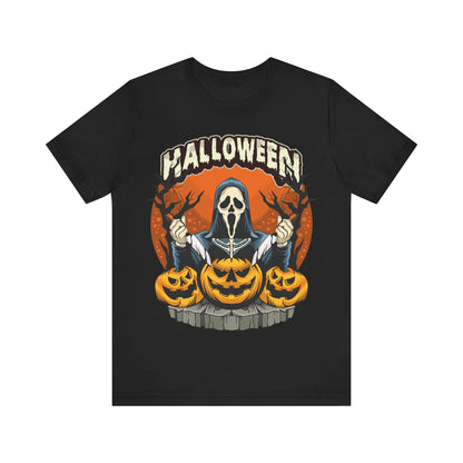 Halloween Ghost Face Jersey unisex tee, Halloween Graphic Tee, Spooky Shirt, Trick or Treat Tee, Halloween Costume, Festive Gift