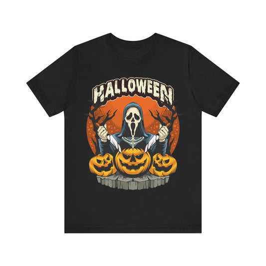 Halloween Ghost Face Jersey unisex tee, Halloween Graphic Tee, Spooky Shirt, Trick or Treat Tee, Halloween Costume, Festive Gift
