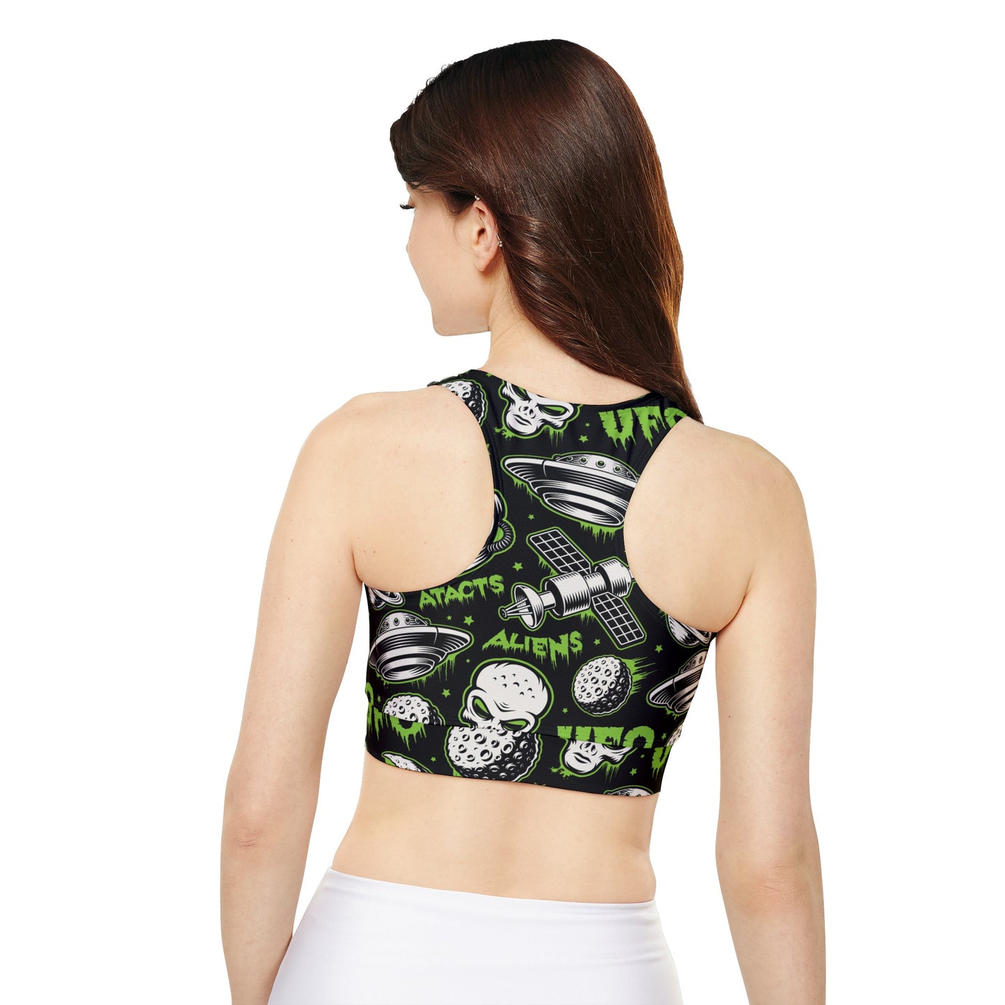 Alien UFO Fully Lined, Padded Sports Bra, UFO Print Sports Bra, Lined Athletic Top, Fitness Apparel