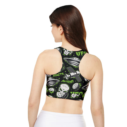 Alien UFO Fully Lined, Padded Sports Bra, UFO Print Sports Bra, Lined Athletic Top, Fitness Apparel