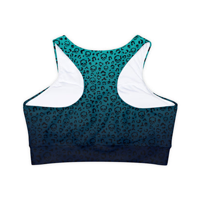 Cheetah Skull in Blue Fully Lined, Padded Sports Bra, Blue Leopard Print Sports Bra, Lined Athletic Top, Fitness Apparel