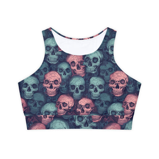 Blue and Pink Skulls Fully Lined, Padded Sports Bra, Black and White Sports Bra, Lined Athletic Top, Fitness Apparel