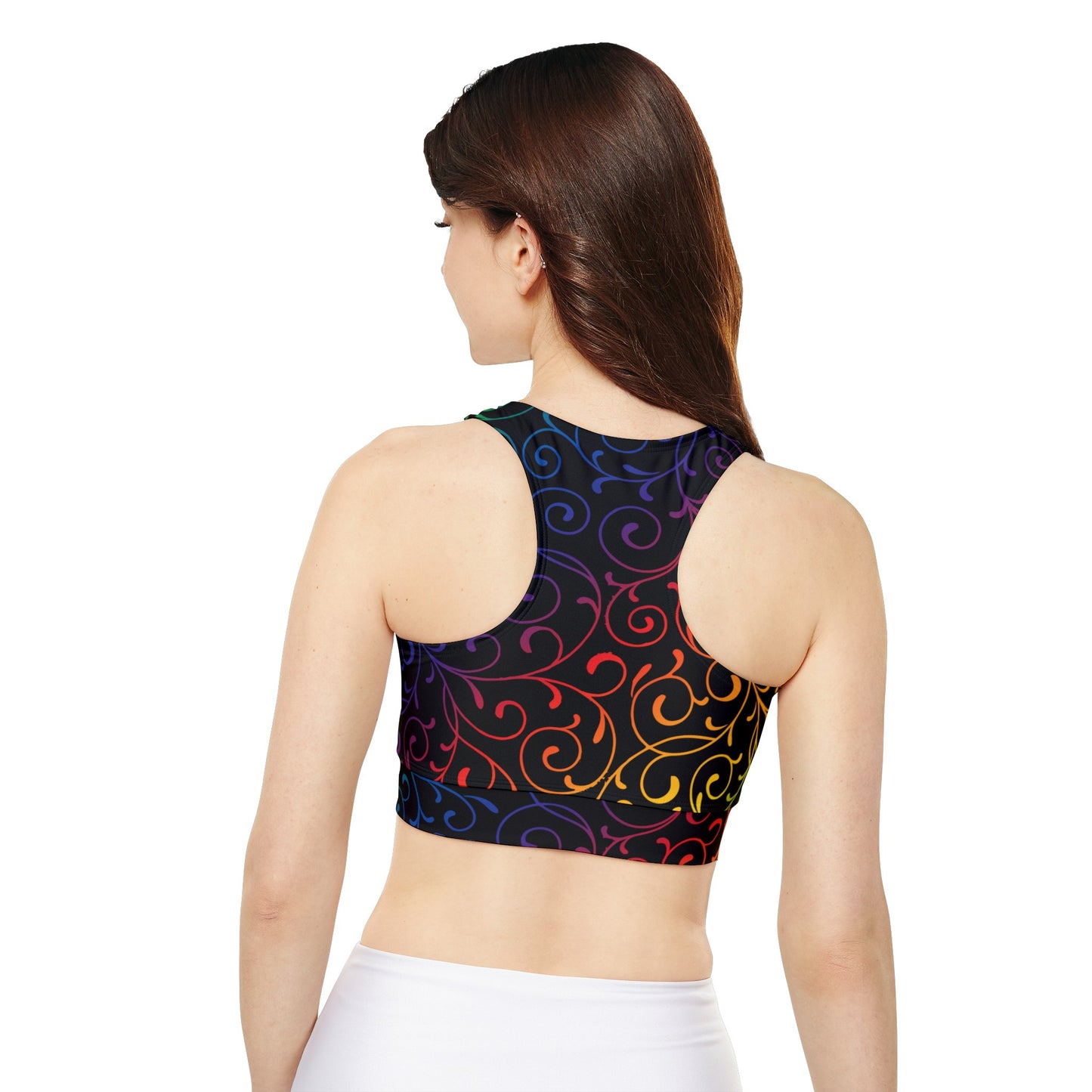 Rainbow Swirls Fully Lined, Padded Sports Bra, High Neck Sports Bra, Lined Athletic Top, Fitness Apparel