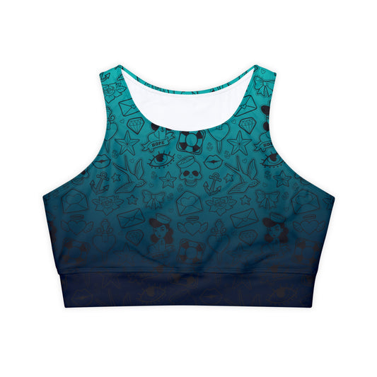 Sailor Jerry in Blue Fully Lined, Padded Sports Bra, Blue Leopard Print Sports Bra, Lined Athletic Top, Fitness Apparel