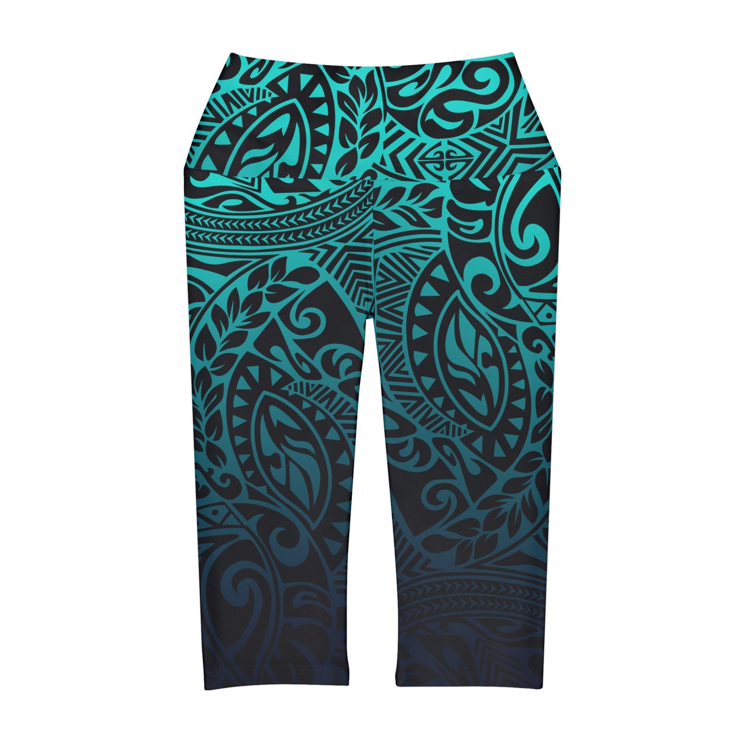 Polynesian Tribal in Black and Teal Yoga Capri Leggings
