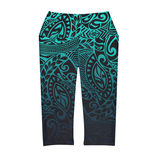 Polynesian Tribal in Black and Teal Yoga Capri Leggings