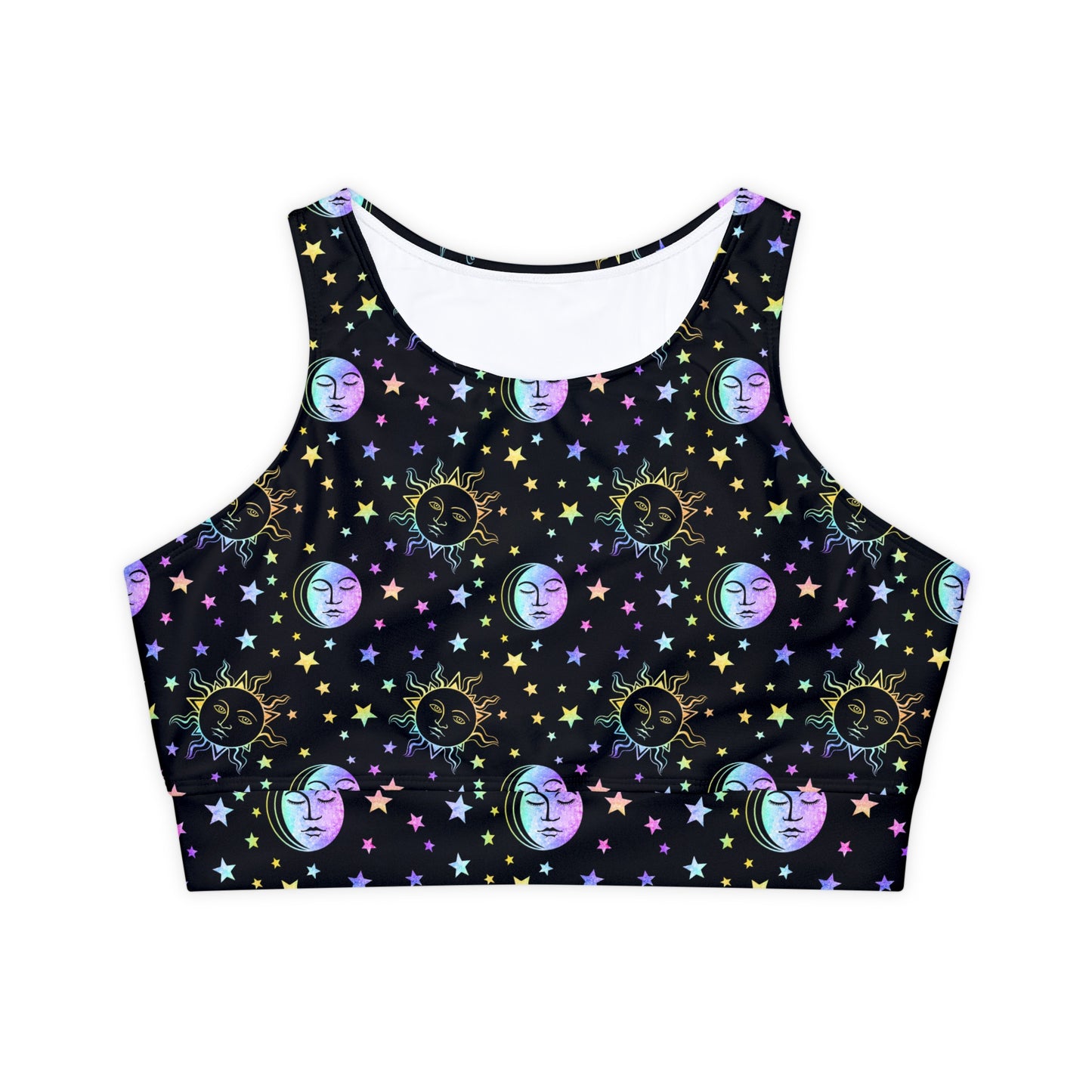 Rainbow Sun and Moon Fully Lined, Padded Sports Bra, Black and White Sports Bra, Lined Athletic Top, Fitness Apparel