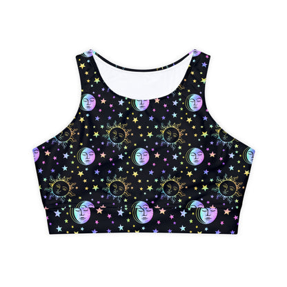 Rainbow Sun and Moon Fully Lined, Padded Sports Bra, Black and White Sports Bra, Lined Athletic Top, Fitness Apparel
