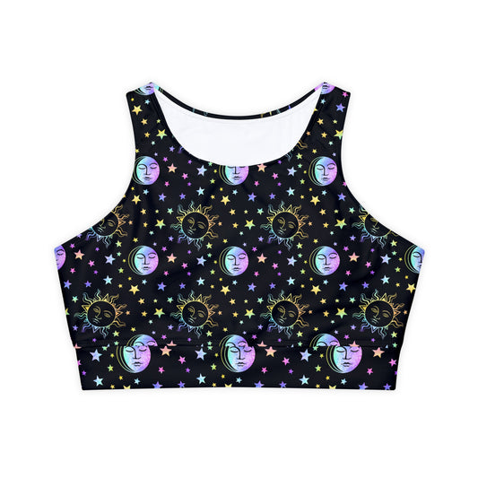 Rainbow Sun and Moon Fully Lined, Padded Sports Bra, Black and White Sports Bra, Lined Athletic Top, Fitness Apparel
