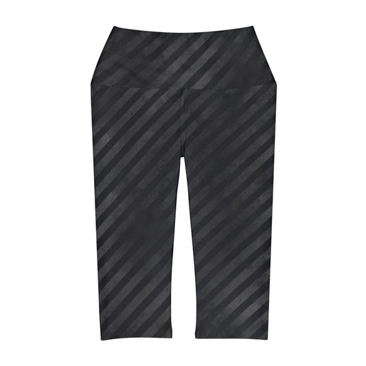 Distressed Black and Grey Stripes Yoga Capri Leggings