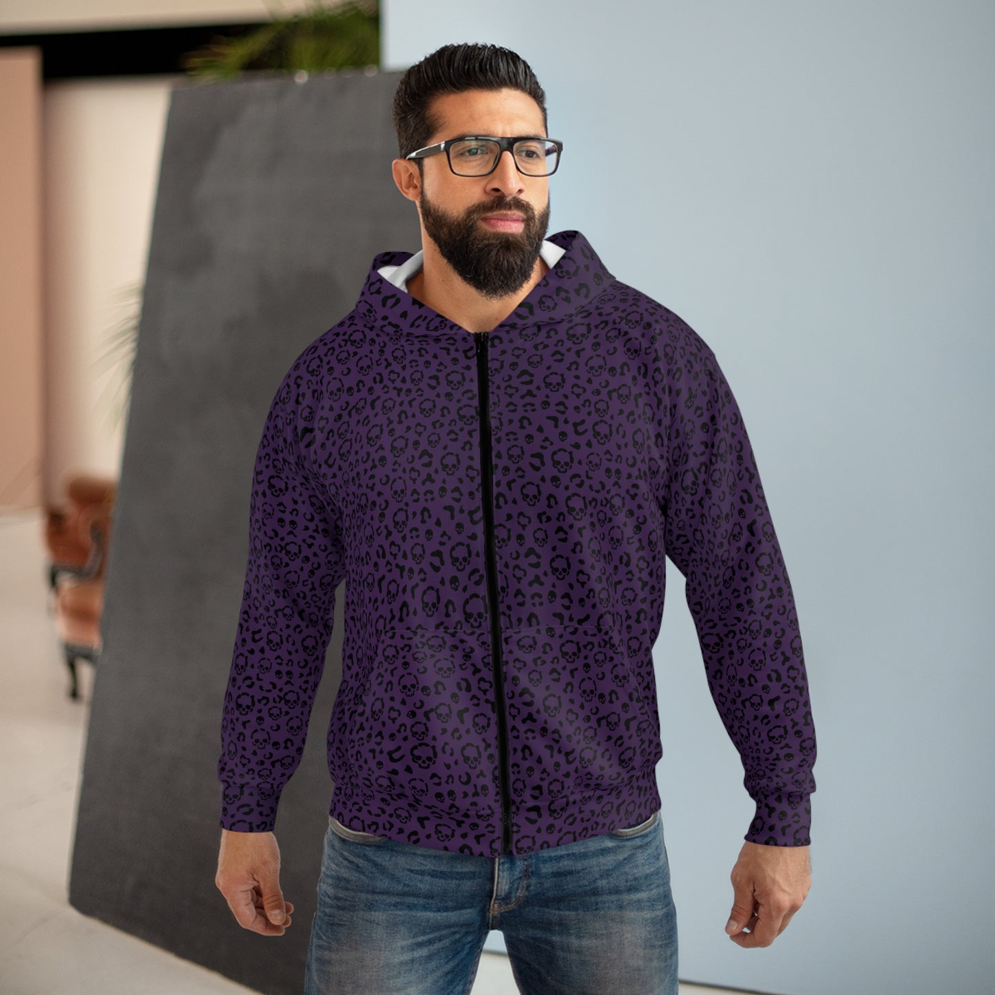 Cheetah Skull in Purple and Black Unisex Zip Hoodie