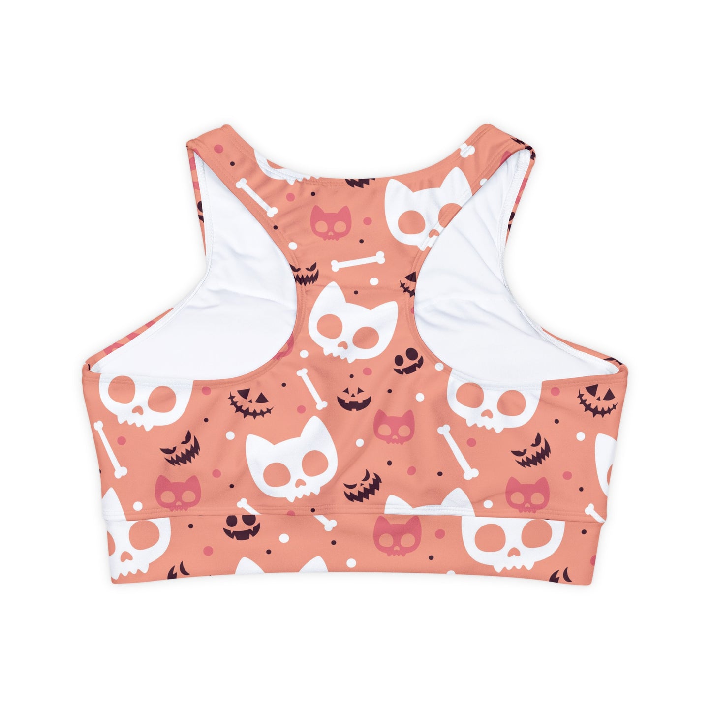 Kitty Skulls in Salmon Fully Lined, Padded Sports Bra, Black and White Sports Bra, Lined Athletic Top, Fitness Apparel