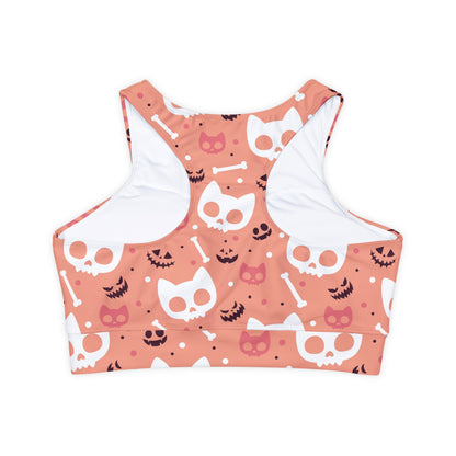 Kitty Skulls in Salmon Fully Lined, Padded Sports Bra, Black and White Sports Bra, Lined Athletic Top, Fitness Apparel