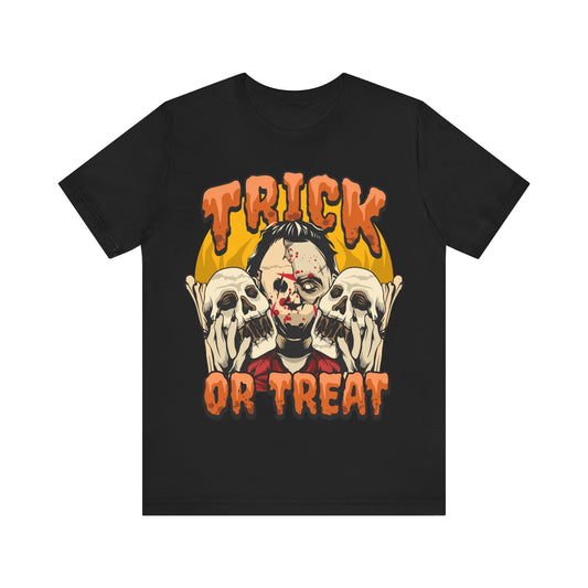 Trick or Treat Jersey unisex tee, Halloween Graphic Tee, Spooky Shirt, Trick or Treat Tee, Halloween Costume, Festive Gift