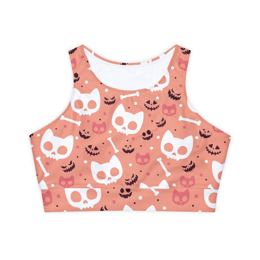 Kitty Skulls in Salmon Fully Lined, Padded Sports Bra, Black and White Sports Bra, Lined Athletic Top, Fitness Apparel