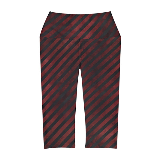 Distressed Black and Red Stripes Yoga Capri Leggings