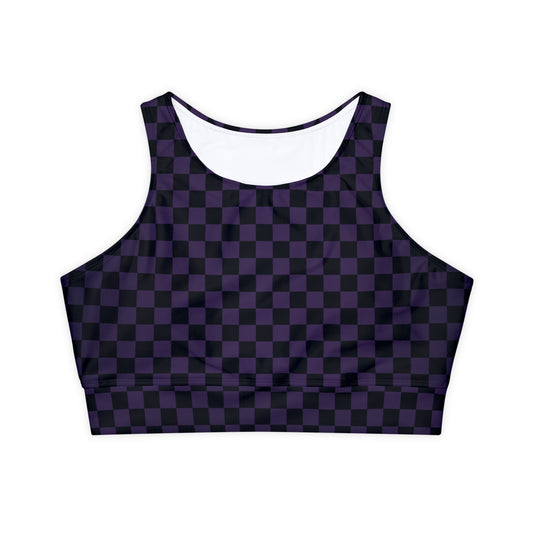 Black and Purple Checkerboard Fully Lined, Padded Sports Bra, Black and White Sports Bra, Lined Athletic Top, Fitness Apparel