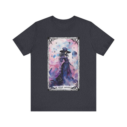 The Veiled Sorceress Jersey unisex tee, Halloween Graphic Tee, Spooky Shirt, Trick or Treat Tee, Halloween Costume, Festive Gift