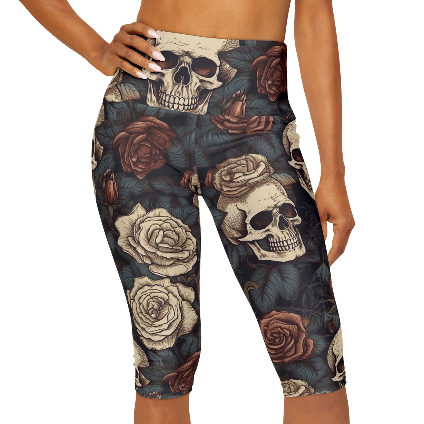 Skulls in rose bush Yoga Capri Leggings