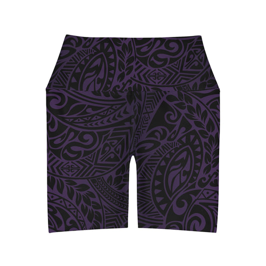 Polynesian Tribal in Purple Waisted Yoga Shorts