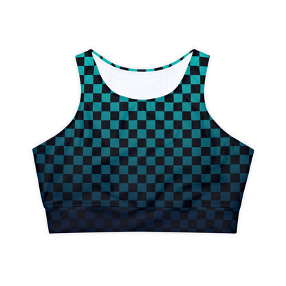 Black and Teal Checkerboard Fully Lined, Padded Sports Bra, Black and White Sports Bra, Lined Athletic Top, Fitness Apparel