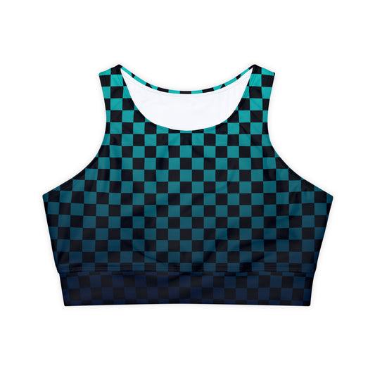 Black and Teal Checkerboard Fully Lined, Padded Sports Bra, Black and White Sports Bra, Lined Athletic Top, Fitness Apparel