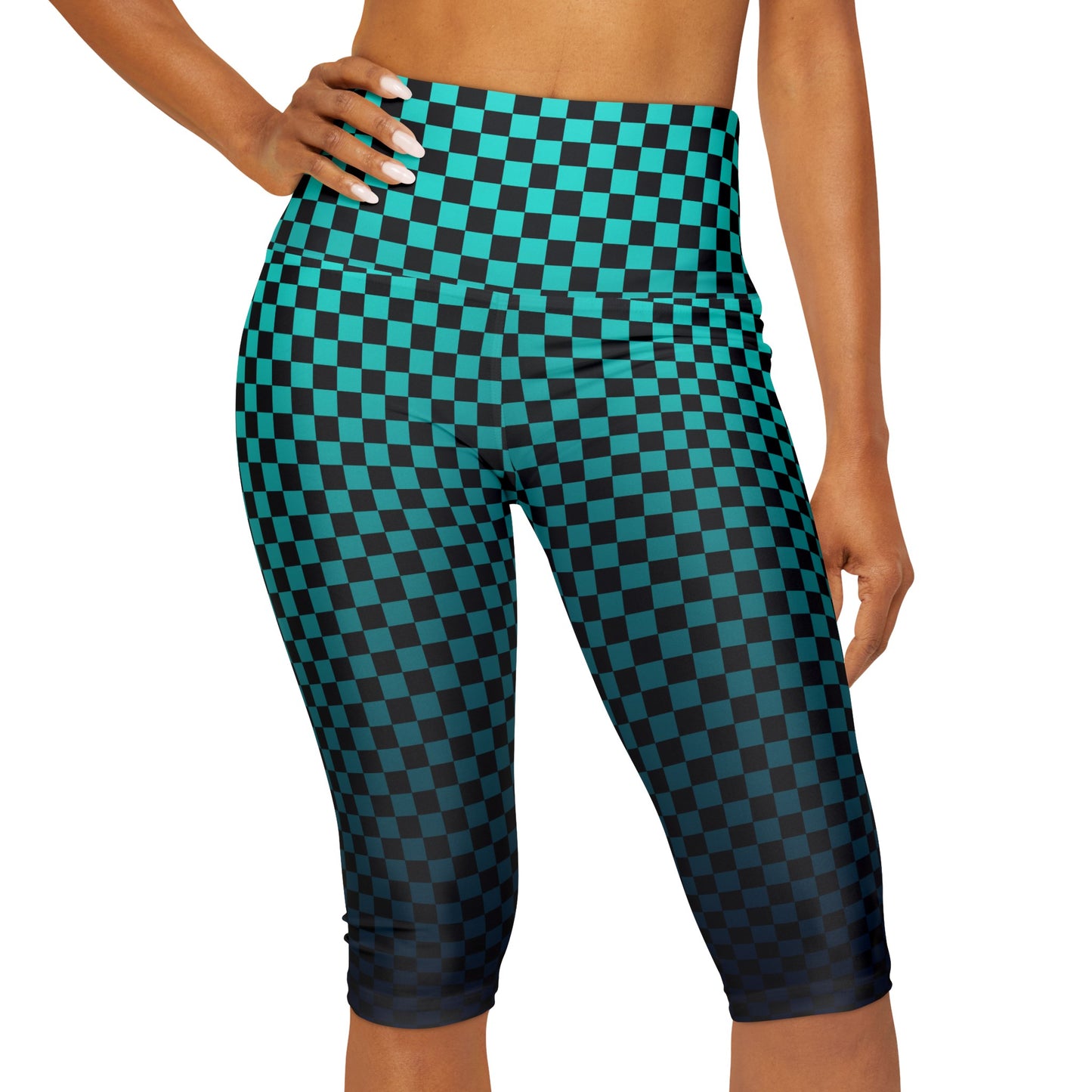 Checkerboard in Black and Teal Yoga Capri Leggings