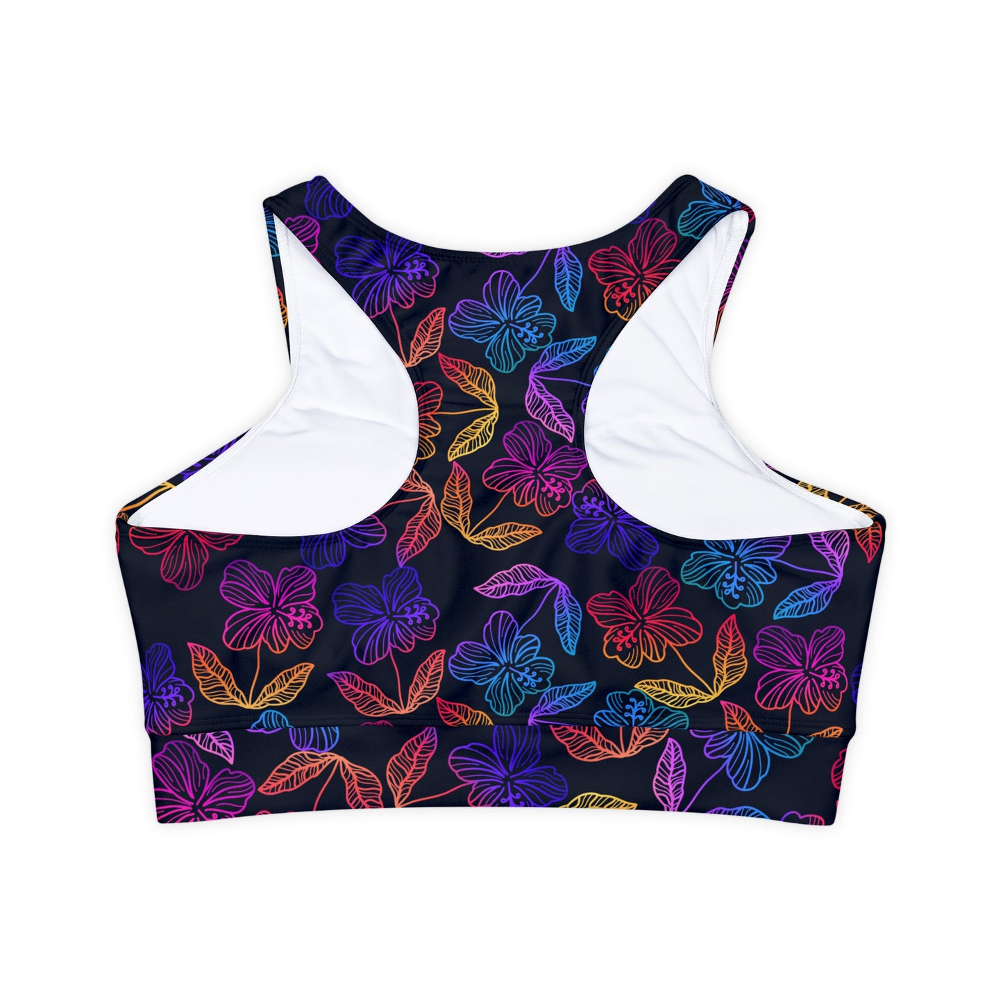Rainbow Hibiscus Fully Lined, Padded Sports Bra, Floral Print Sports Bra, Lined Athletic Top, Fitness Apparel
