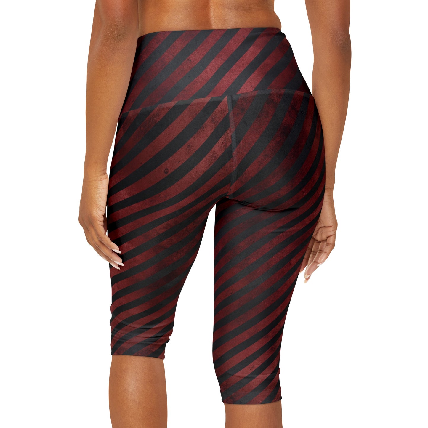 Distressed Black and Red Stripes Yoga Capri Leggings