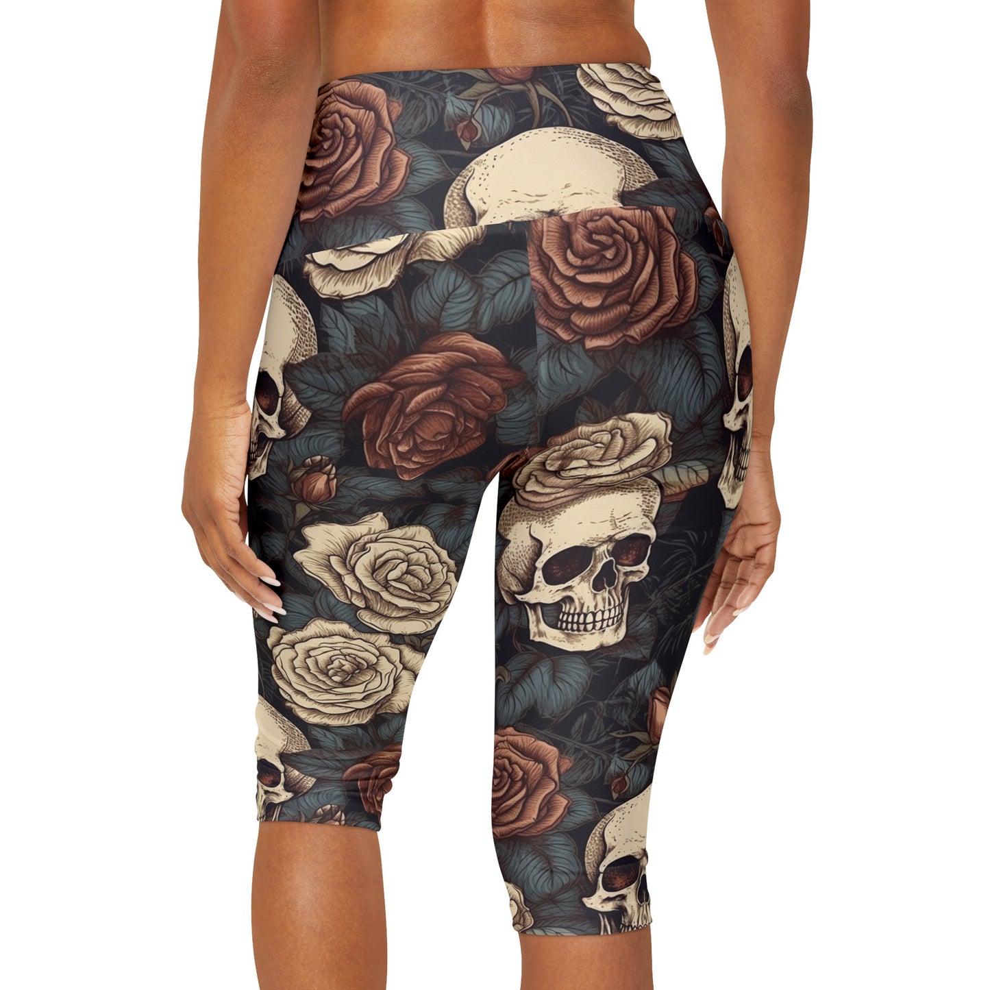 Skulls in rose bush Yoga Capri Leggings