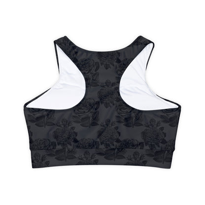 Gothic Roses Lined, Padded Sports Bra, High Neck Sports Bra, Lined Athletic Top, Fitness Apparel