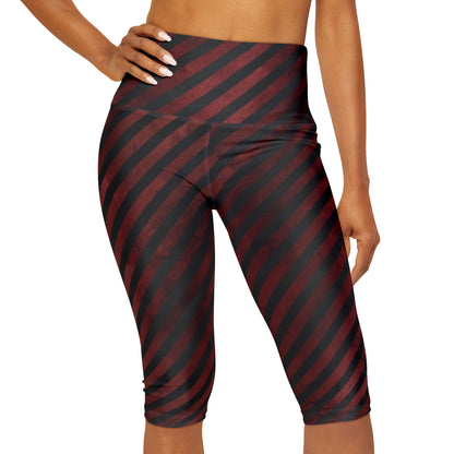 Distressed Black and Red Stripes Yoga Capri Leggings