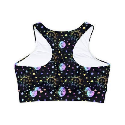 Rainbow Sun and Moon Fully Lined, Padded Sports Bra, Black and White Sports Bra, Lined Athletic Top, Fitness Apparel