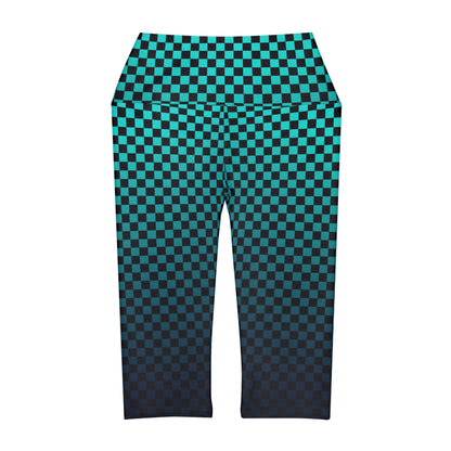 Checkerboard in Black and Teal Yoga Capri Leggings