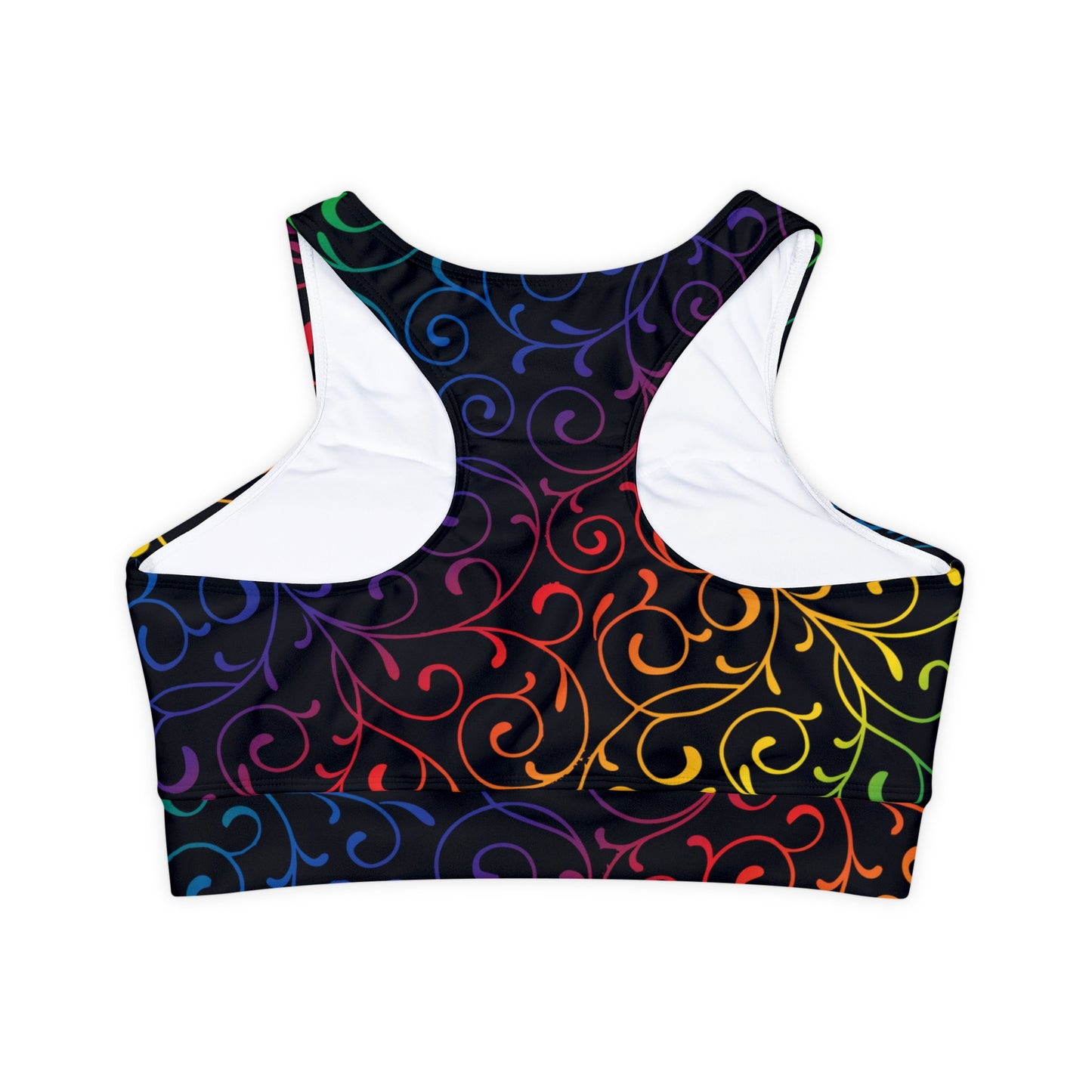 Rainbow Swirls Fully Lined, Padded Sports Bra, High Neck Sports Bra, Lined Athletic Top, Fitness Apparel