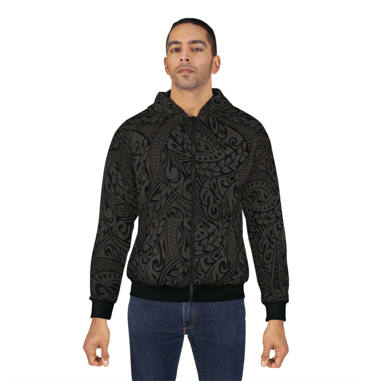 Polynesian Tribal in Gray and Black Unisex Zip Hoodie