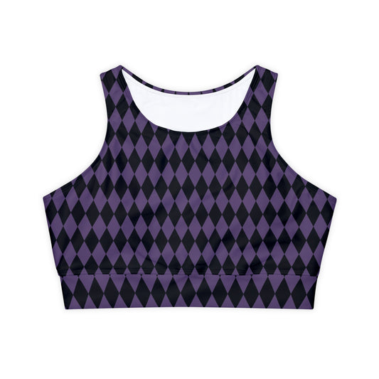 Black and Purple Harlequin Fully Lined, Padded Sports Bra, Black and White Sports Bra, Lined Athletic Top, Fitness Apparel