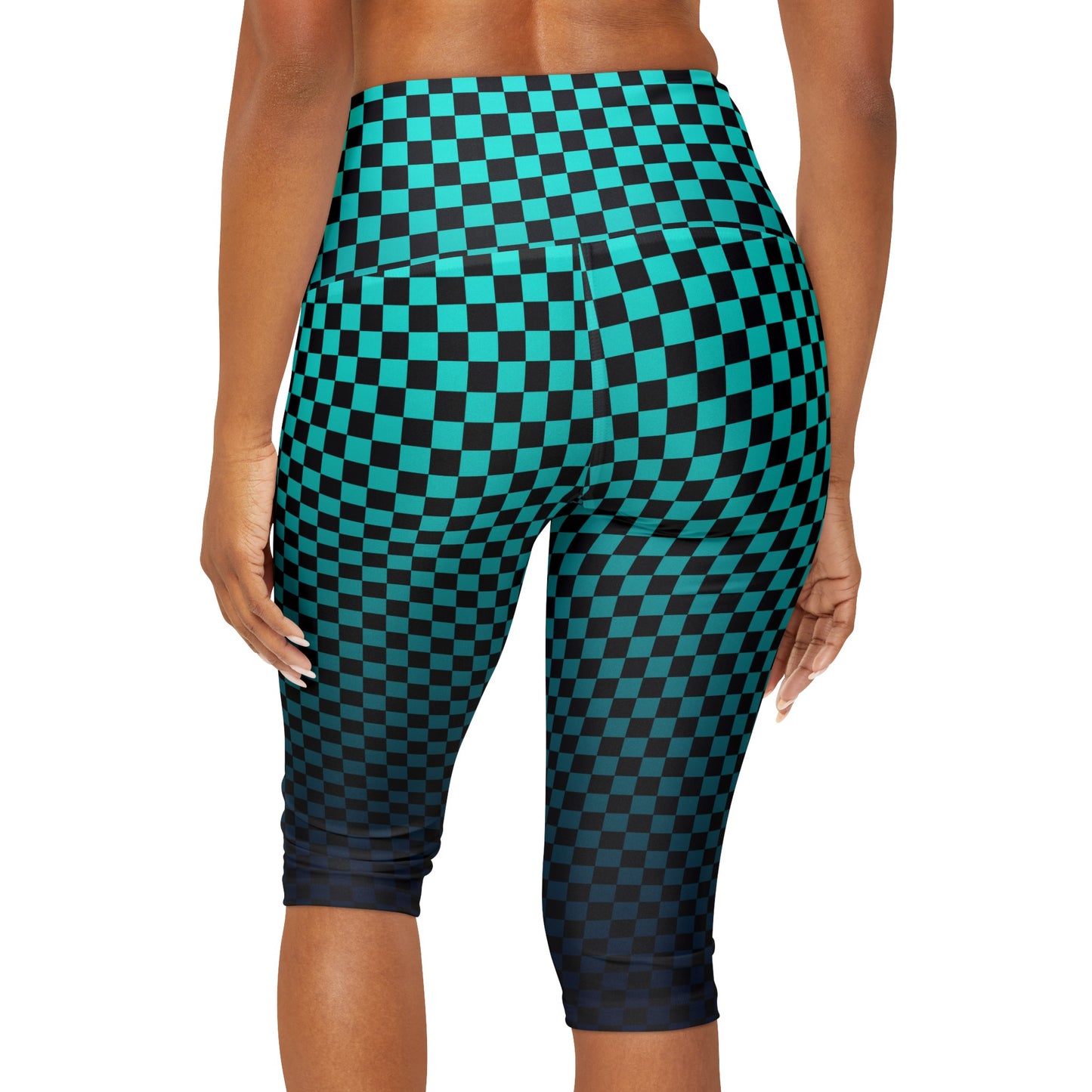 Checkerboard in Black and Teal Yoga Capri Leggings