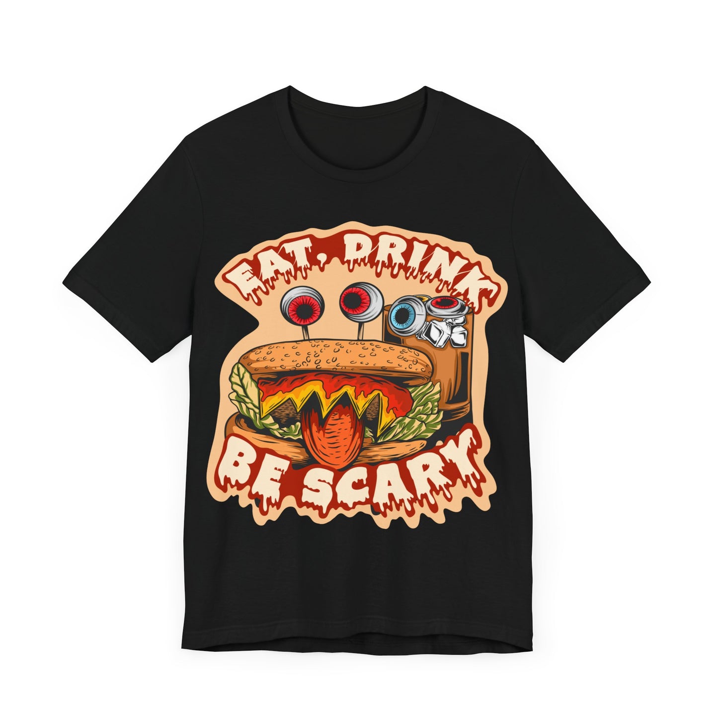 Eat, Drink, and Be Scary Jersey unisex tee, Halloween Graphic Tee, Spooky Shirt, Trick or Treat Tee, Halloween Costume, Festive Gift