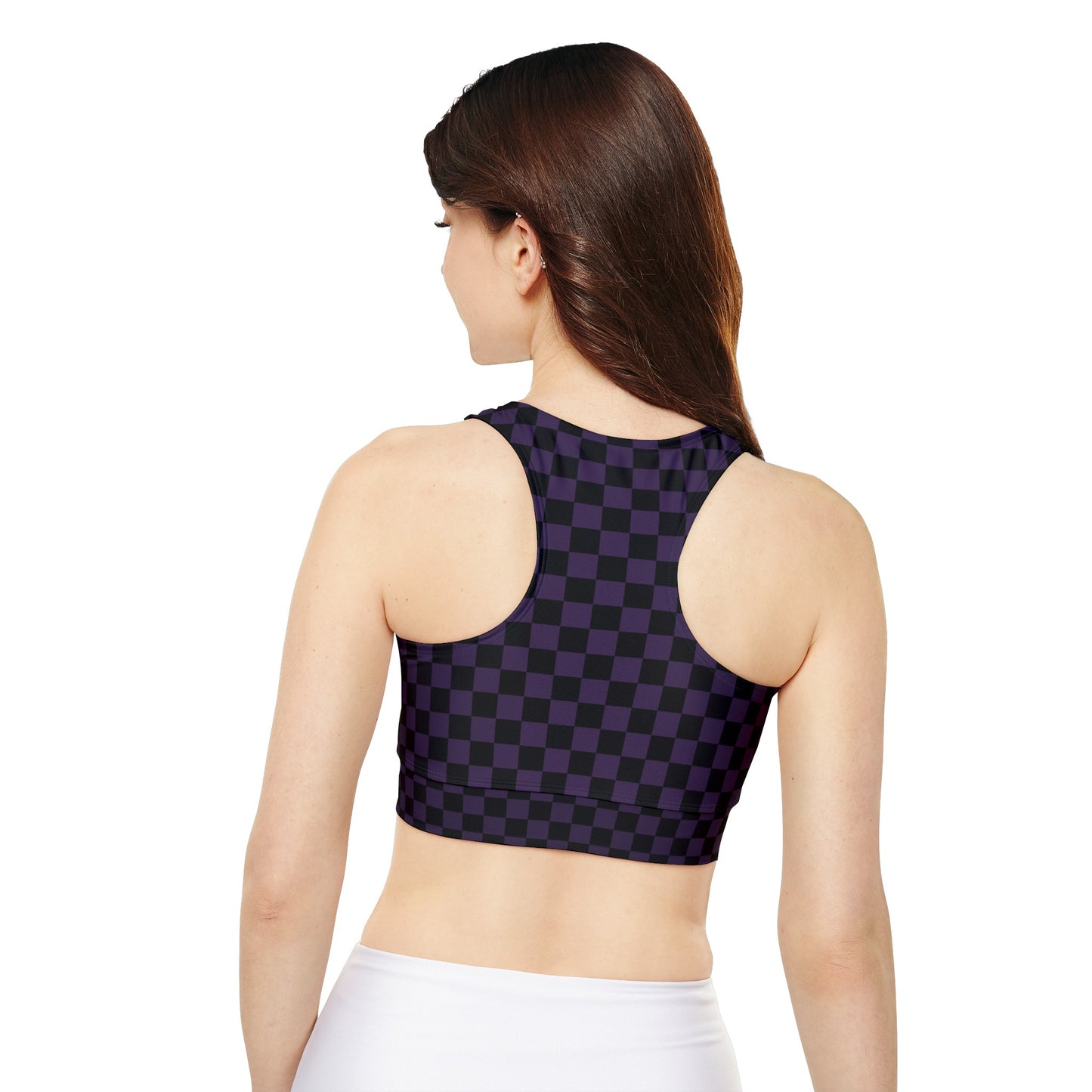Black and Purple Checkerboard Fully Lined, Padded Sports Bra, Black and White Sports Bra, Lined Athletic Top, Fitness Apparel