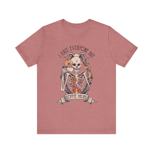 I hate everyone but coffee helps Jersey unisex tee, Halloween Graphic Tee, Spooky Shirt, Trick or Treat Tee, Halloween Costume, Festive Gift