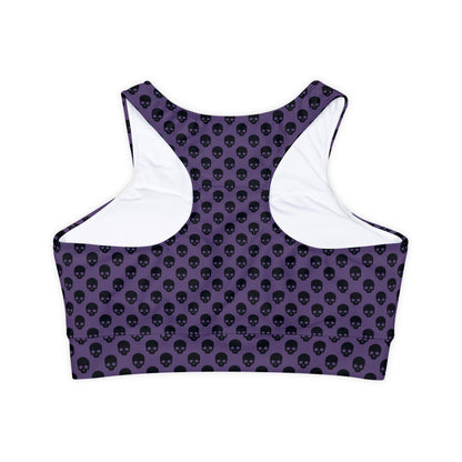 Black Skull son Purple Fully Lined, Padded Sports Bra, Black and White Sports Bra, Lined Athletic Top, Fitness Apparel
