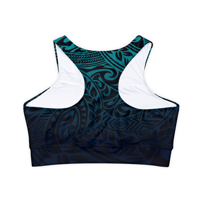 Polynesian Tribal in Blue Fully Lined, Padded Sports Bra, Blue Polynesian Tribal Sports Bra, Lined Athletic Top, Fitness Apparel