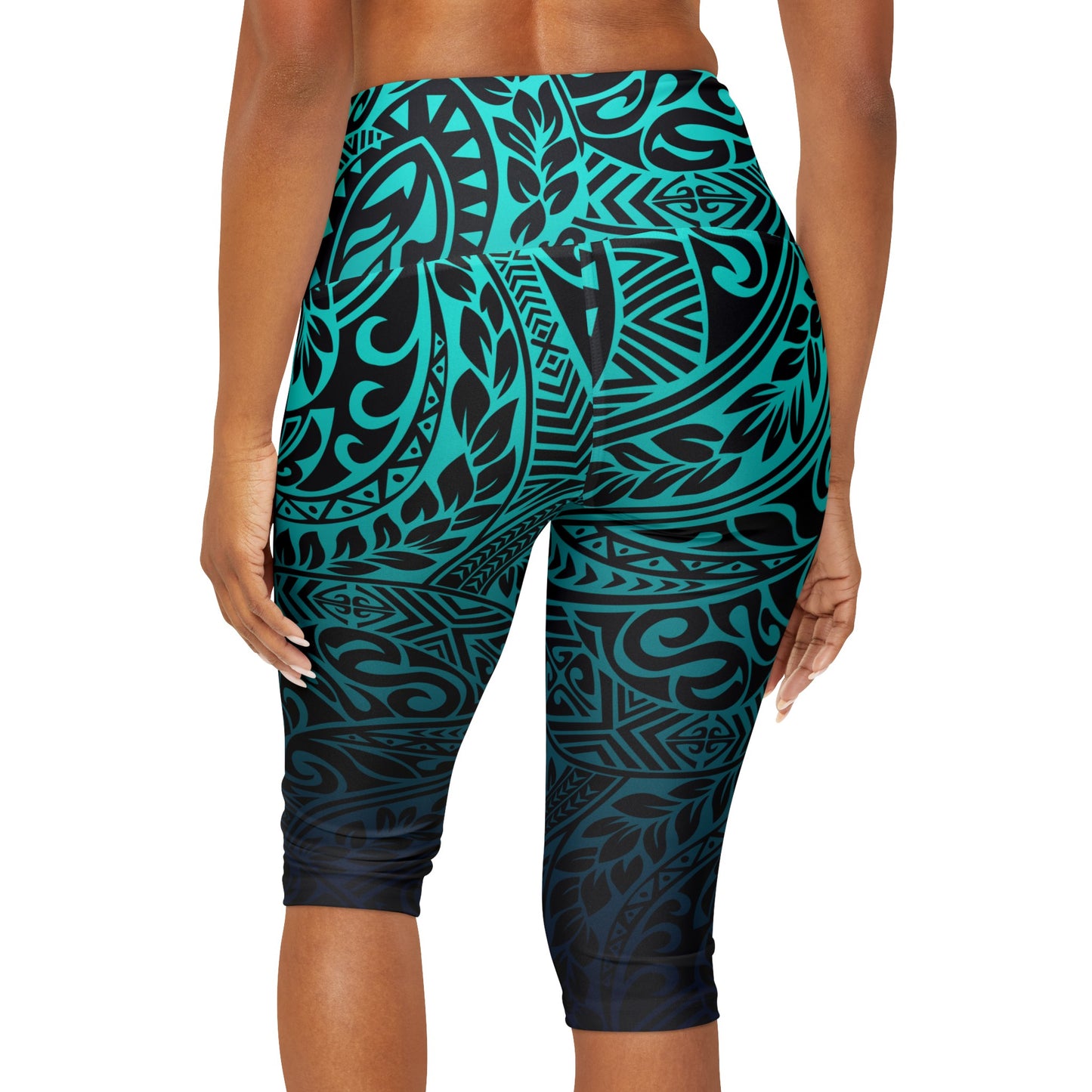 Polynesian Tribal in Black and Teal Yoga Capri Leggings