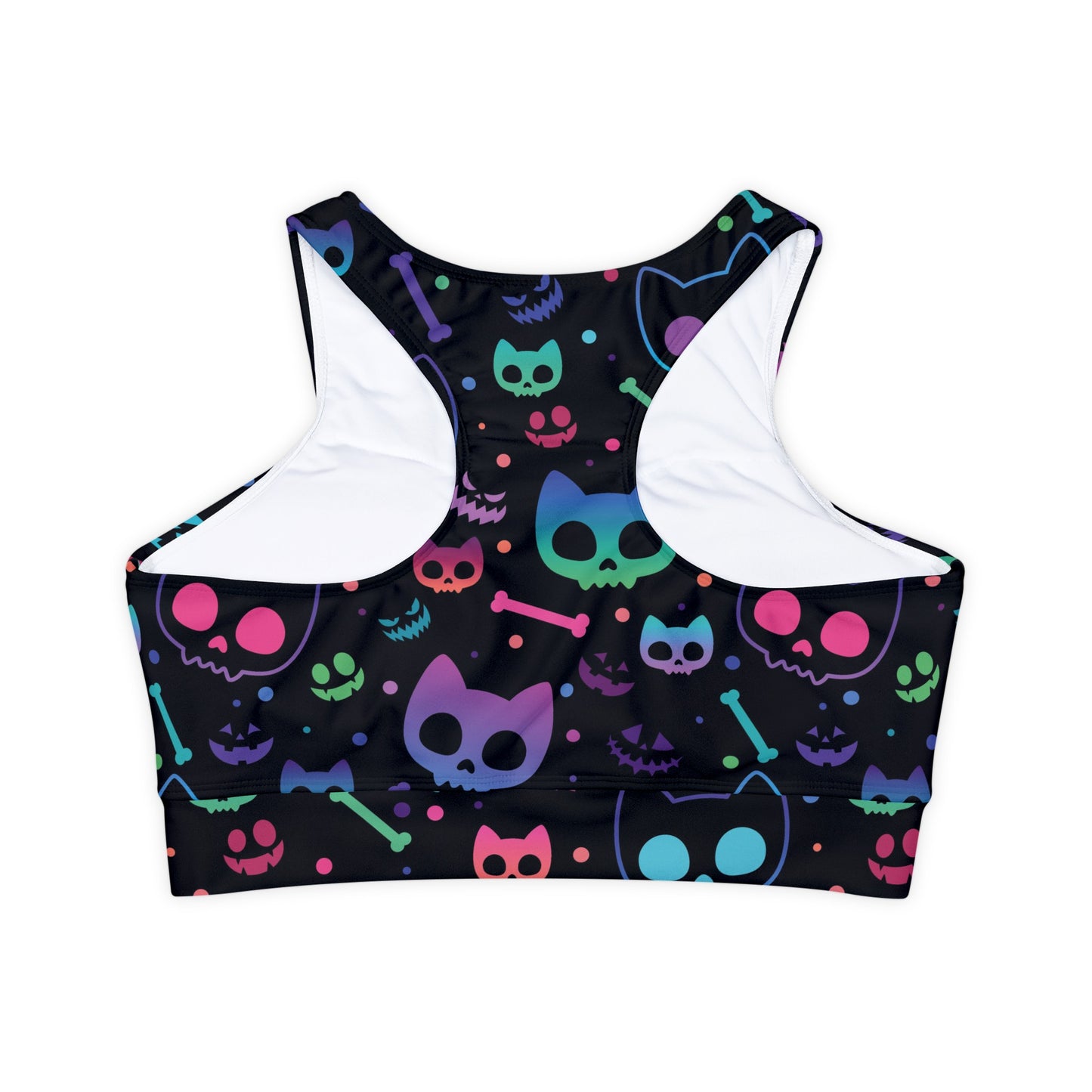 Kitty Skulls Fully Lined, Padded Sports Bra, Black and White Sports Bra, Lined Athletic Top, Fitness Apparel