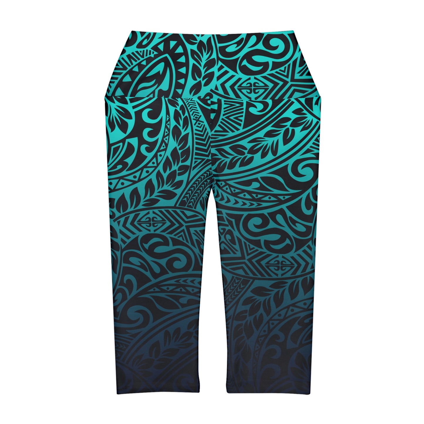 Polynesian Tribal in Black and Teal Yoga Capri Leggings