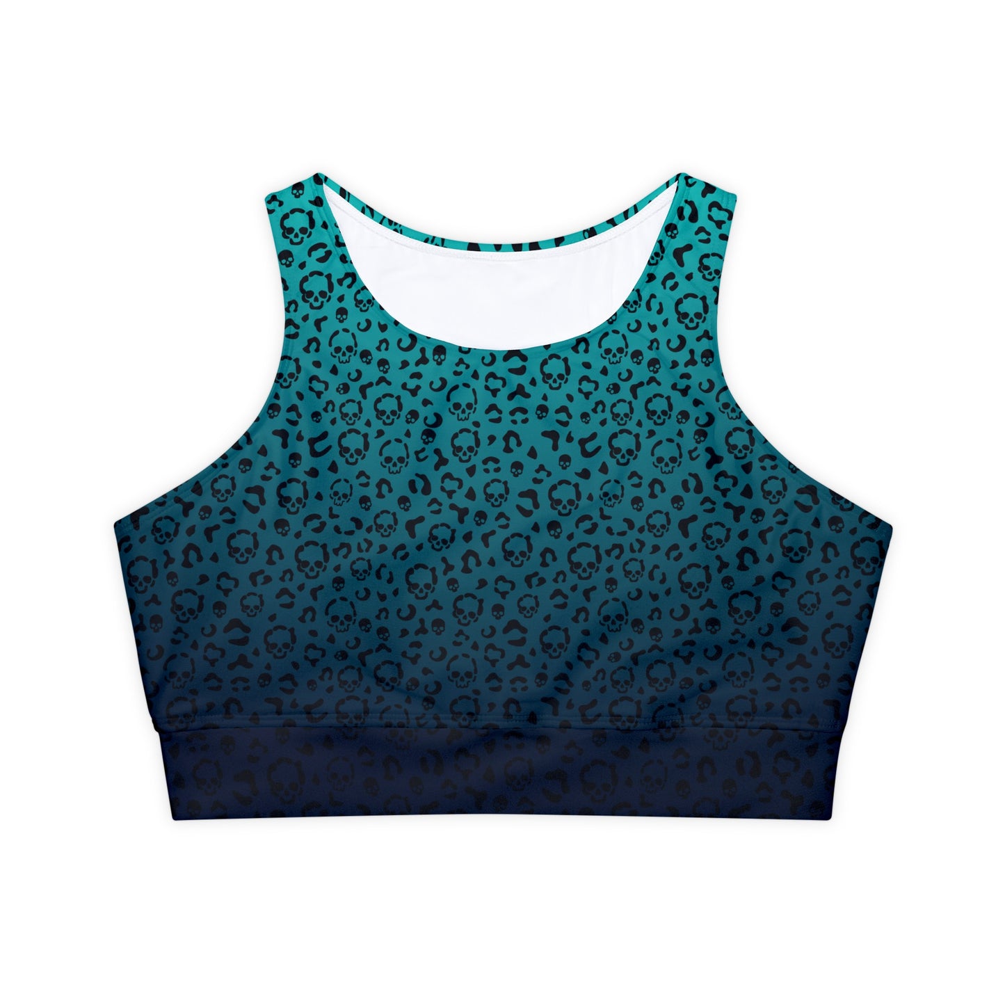 Cheetah Skull in Blue Fully Lined, Padded Sports Bra, Blue Leopard Print Sports Bra, Lined Athletic Top, Fitness Apparel